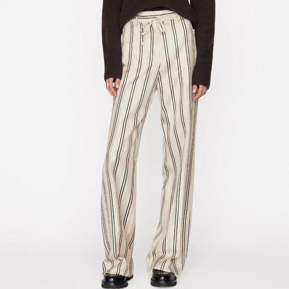 FRAME Silk Safari Pants Size 12 Cream Black Striped Jacquard Wide Leg Career - Picture 1 of 16